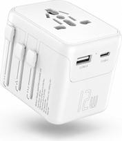 Visuotinai naudojamas universalus kelioninis adapteris, kelioninis kištukas su USB-C ir USB-A prievadais, tarptautinis kištukų adapteris, skirtas Jungtinei Karalystei, JAV, ES, Australijai ir Japonijai, 12 W galios kelioninis adapteris su 2 USB prievadais