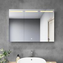 Vonios veidrodinė spintelė su apšvietimu, 900 x 650 mm, LED vonios spintelė su jutikliniu jungikliu ir kištukine lizda, 3 durų, vandeniui atspari nerūdijančio plieno vonios veidrodinė spintelė su reguliuojamu apšvietimu