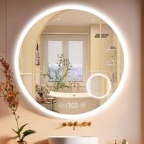 Vonios veidrodis su apšvietimu 70 x 70 cm LED vonios kambario veidrodis Sieninis veidrodis su laikrodžiu ir jutikliniu jungikliu, apšviečiamas, šiltai baltas/šaltai baltas/neutralus, apsaugotas nuo rūko, 3x didinimas