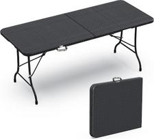 VOUNOT sodo stalas, sulankstomas stalas 180x75 cm, kempingo stalas, bufeto stalas, sulankstomas su nešimo rankena, skirtas sodui, terasai ir balkonui, rotango stiliaus, juodos spalvos