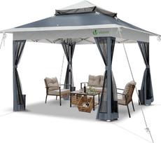 VOUNOT „Pavillon Faltbar“ 3,6 x 3,6 m, UV apsauga 50+ ir atsparus vandeniui bei tvirtas, išskleidžiamas paviljonas su 4 šoniniais elementais / moskitų tinkleliu, sodo palapinė, vakarėlių palapinė, sodo paviljonas su 4 svoriais, maišeliu, pilkos spalvos