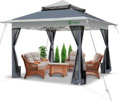 VOUNOT „Pavillon Faltbar“ 3,6 x 3,6 m, greitai surenkama šventinė palapinė su tinkliniais šonais ir dvigubu stogu, stabili sulankstoma palapinė su kojų svoriais ir vežimėliu, sodo paviljonas, sodo palapinė, pilkos spalvos