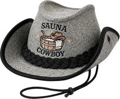 Vyrams ir moterims skirta pirties kepurė iš veltinio – „Sauna Cowboy“ – pilka vyrams ir moterims skirta pirties kepurė, pagaminta iš 100 % natūralaus vilnos veltinio – apsauga nuo karščio