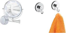 WENKO Power-Loc® Lumi LED sieninis veidrodis, 5 kartus didinantis, veidrodžio paviršiaus skersmuo 17,5 cm ir "Vacuum-Loc®" sieniniai kabliukai, 2 vnt., rankšluosčių laikiklis, kabliukai rankšluosčiams ir aksesuarams, kiekvienas 6 x 6,7 x 5 cm