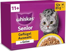 Whiskas 11+ Katzenfutter Geflügel Auswahl in Gelee, 12x85g (4 Packungen) - Hochwertiges Nassfutter ab dem 11. Lebensjahr in 48 Portionsbeuteln