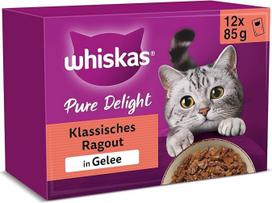Whiskas 1+ Katzenfutter Pure Delight Klassische Auswahl in Gelee, 12x85g (4 pakuotės) - Hochwertiges Nassfutter für ausgewachsene Katzen in 48 Portionsbeuteln