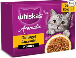 WHISKAS Aromatinis drėgnas maistas su padažu katėms 12 x 85 g Paukštienos pasirinkimas (4 pakuotės) 48 porcijų maišeliai