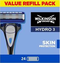 WILKINSON SWORD – „Hydro 3“ skustuvų peiliukai vyrams | 24 vnt. skustuvų peiliukų paketas | Drėkinamasis gelis ir tikslusis trimmeris