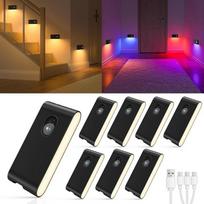 WILLED RGB ir šiltai balta LED naktinė lemputė su judesio jutiklio baterija, 8 USB lempučių pakuotė su judesio jutikliu viduje, 3 režimų laiptų apšvietimas, laiptų apšvietimas laiptinėse, koridoriuose, miegamuosiuose, virtuvėse, vonios kambariuose