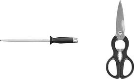 WMF „Spitzenklasse Plus“ peilių galandimo plienas, 36 cm, peilių galandimo strypas, „Cromargan“ nerūdijantis plienas, plieno ilgis 23 cm ir virtuvinės žirklės, 21 cm, buitinės žirklės su dantytu pjovimu, virtuvinės žirklės,