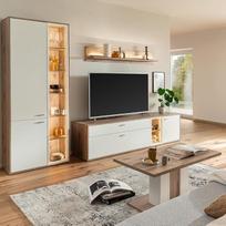 Wohnmöbel Komplektas Wohnwand Eiche weiß 4-teilig modern, 1 vitrina, 1 lazdele, 1 žema lenta, 1 sofa, inkl. LED-Beleuchtung
