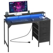 Kompiuterio stalas su LED apšvietimu, elektros lizdais, 4 stalčiais ir monitoriaus stovu – juodas
