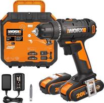 WORX 18 V (20 V) WX100.3 akumuliatorinis gręžtuvas, "PowerShare", maks. 30 Nm sukimo momentas, kintamo greičio, LED lemputė, 10 mm griebtuvas be rakto, 2 akumuliatoriai, oranžinės ir juodos spalvų
