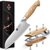 XINZUO 18,5 cm "Santoku" peilis Profesionalus aštrus aukštos kokybės anglinio plieno virtuvės šefo peilis 3 sluoksnių kompozitinio plieno šefo peilis mėsai, daržovėms, žuviai, vaisiams - alyvuogių medžio rankena - išskirtinė dovanų dėžutė