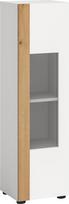 xonox.home „Ruda“ svetainės vitrina, stiklinė vitrina, stovinti vitrina, balta, „Artisan Oak“ medžio imitacija, 30 x 112 x 33 cm
