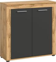 xonox.home Svetainės uogienė Highboard Aukšta komoda Svetainės spinta Aukšta spinta priekyje Pilka Nb. Korpusas / apdaila "Wotan" ąžuolas Apie 80 x 88 x 35 cm