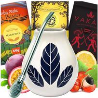 Yerba Mate arbatos pradinis rinkinys ● Brazilijos Mate arbata 3 x 50 g ● Yerba Mate arbata iš žolelių ir vaisių ● Keraminis Mate puodelis Hoja White 350 ml puodelis ● Plieninis šiaudelis Bombilla ● Be glitimo