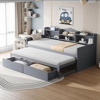 YESGIGA Medinė sofa-lova 90 x 200 cm, išskleidžiama lova 90 x 190 cm su dviem stalčiais, didele dėtuve ir krepšiu, USB lizdu, viengulė medinė lova (pilka)