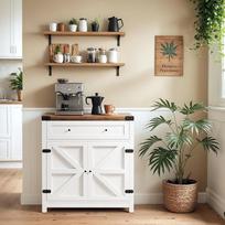 YESHOMY Kavos baras ir akcento spintelė, "Farmhouse Barn Door", "Buffet Sideboard" su stalčiumi ir reguliuojama lentyna, platus stalas virtuvei, valgomajam, vonios kambariui, prieškambariui, balta ir