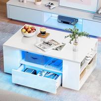 YITAHOME Kavos staliukas Baltas svetainės staliukas Blizgus su 16 spalvų LED apšvietimu Šiuolaikinis šoninis staliukas baltas su atvira lentyna ir 2 ištraukiamais stalčiais 95 x 55 x 37 cm