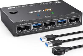 YOUTINGHDAV USB 3.0 KVM jungiklis Displayport 4K @ 144Hz, KVM jungiklis 2 kompiuteriams 1 monitoriui 8K @ 30Hz, DP KVM jungikliai 2 kompiuteriams dalytis 4 USB 3.0 įrenginiais Klaviatūra pelė monitorius su laidiniu nuotolinio valdymo pultu