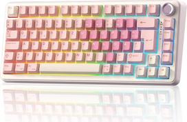 YUNZII B75 PRO ISO-DE mechaninė žaidimų klaviatūra (rožinė, „Milk Switch“) | 75 % QWERTZ išdėstymas (DE) su sukamuoju rankenėle, BT 5.0 / 2,4 GHz / USB-C, iš anksto sutepti jungikliai, RGB apšvietimas, suderinama su „Windows“, „Mac“ ir „PC“
