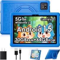 ZENTALITY Vaikų planšetinis kompiuteris 10 colių "Android 15" su 30GB RAM + 64GB ROM (2TB), 5G WLAN 6, "Widevine L1", tėvų kontrolė, 8 branduolių, 8000 mAh, vaikiškas planšetinis kompiuteris su vaikišku EVA dėklu ir 360° pasukamu stovu, mėlynas