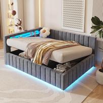 ZYLOYAL10 Minkšta sofa-lova 140 x 200 cm, su hidrauline saugykla, su L-E-D šviesa ir USB įkrovimo prievadu, su atlošu, galvūgaliu ir tvirtu lovos rėmu, aksominis audinys (pilka, 140 x 200)