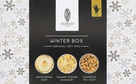 „1001 Frucht I Winter Box“ | Cukruotas imbieras | Natūralūs obuolių žiedeliai | Natūralūs migdolai (po 50 g) | Dovanėlė kolegoms ar vaikams