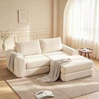 „2-in-1“ kordinė sofa-lova, modulinė sofa-lova su 2 pagalvėlėmis, reguliuojamu atramu kojoms ir išlenktomis porankėmis, dvivietė kordinė sofa, skirta svetainei, miegamajam ir svečių kambariui (smėlio spalvos)