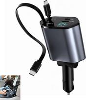 „4 in 1“ automobilinis įkroviklis su USB-C jungtimi, automobilinis įkroviklis su ištraukiamu kabeliu, 12 V/24 V cigarečių degiklis, skaitmeninis įtampos rodytuvas, PD USB-C, USB-A, automobilinis įkroviklis, skirtas „iPhone 17/16/15“ ir „Samsung Galaxy S25