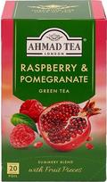 „Ahmad Tea“ – Aviečių ir granatų – Žalioji arbata su avietėmis ir granatais – Su vaisių gabalėliais – Atskirai supakuoti, aromatą išlaikantys arbatos maišeliai, kuriuose vienoje porcijoje yra 2 g arbatos – 20 arbatos maišelių su juostele