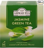 „Ahmad Tea“ – Žalioji jazminų arbata – Žalioji jazminų arbata su tikromis jazminų gėlėmis – Dviejų skyrių maišelis, kuriame vienai porcijai skirta 2 g arbatos – 100 arbatos maišelių su juostele