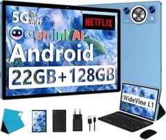 „AI Tablet“ 10 colių „Android“ planšetiniai kompiuteriai su klaviatūra, 8000 mAh, aštuonių branduolių 2,0 GHz procesorius, 5G + 2,4G „Wi-Fi“, 22GB RAM + 128GB ROM, TF kortelė iki 2 TB, „Bluetooth“ 5.0, GPS, „Widevine L1“, veido atpažinimas, 1280 x 800,