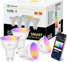 „Aigostar Alexa“ lemputės GU10 SL2 išmanioji LED lempa, 6,5 W, „Wi-Fi“ lemputė, LED RGBCW, 2700–6500 K, reguliuojamas šviesos stiprumas, 26 scenos režimai, valdymas per programėlę, suderinama su „Alexa“ ir „Google Home“, nereikia koncentratoriaus, 4 vnt.