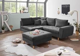 „ALICE“ kampinė sofa su pufu, audinio apmušalas, antracito spalvos – moderni kampinė sofa su pagalvėlėmis ir natūralaus medžio kojelėmis – 249 x 94 x 175 cm (plotis x aukštis x gylis)