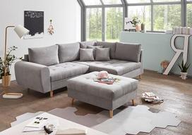 „ALICE“ kampinė sofa su pufu, apmušta audiniu, šviesiai pilkos spalvos, moderni kampinė sofa su pagalvėlėmis ir natūralaus medžio kojomis, 249 x 94 x 175 cm (plotis x aukštis x gylis)