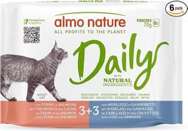 „Almo Nature Daily“ – šlapias maistas suaugusiems katėms – užkandžiai – tunas ir lašiša, menkė ir krevetės – 70 g, 6 vnt. pakuotė