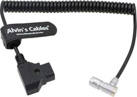 „Alvin's Cables Portkeys“ BM5, BM7 monitorių maitinimo kabelis: stačiakampis 4 kontaktų moteriškas jungtis – „Anton Bauer“ D-TAP vyriškas jungtis, spiralinis maitinimo kabelis