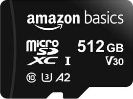 „Amazon Basics“ 512GB A2 U3 „Micro SDXC“ atminties kortelė su pilno dydžio adapteriu – skaitymo greitis iki 100MB/s – juoda
