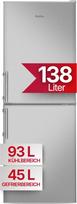 „Amica KGC 384 111 E“ šaldytuvas-šaldiklis, 138 l, 148 x 52 x 59 cm | 93 l šaldymo skyrius, 45 l šaldymo skyrius, automatinis atitirpinimas, LED apšvietimas, daržovių stalčius, 3 šaldymo stalčiai, kiaušinių dėklas