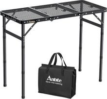 „Anbte“ kempingo stalas-grilis, 88 x 40 cm, metalinio tinklelio stalviršis su 3 reguliuojamais aukščiais (26/48/70 cm), aliuminio rėmo sulankstomas stalas, 3 būdais reguliuojamas nešiojamas pikniko stalas, skirtas kepimui ant grotelių, sodo vakarėliams ir