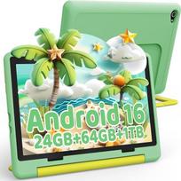 „Android 16“ planšetinis kompiuteris vaikams, 24GB + 64GB (išplečiamas iki 1 TB), 10,1 colio planšetinis kompiuteris vaikams, 6000 mAh, „Wi-Fi 6“, „Bluetooth 5.4“, „Widevine L1“, saugus vaikams skirtas dėklas, žalias