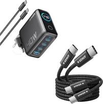 „Anker“ 240 W USB-C kabelis [2 vnt. pakuotė, 1,8 m] + „Anker“ 140 W USB-C įkroviklis su 4 prievadais