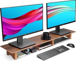 „Aothia“ dviejų monitorių stovas iš masyvios medienos su 3 kamštinėmis kojelėmis, riešutmedžio spalvos, didelis | Monitoriaus stovas iš masyvios medienos, skirtas 2 monitoriams, su 3 tvirtomis kamštinėmis kojelėmis, pagamintas ne iš pigios medžio drožlių