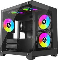 „Apevia Prism-BK Prism“ „Micro-ATX“ žaidimų kompiuterio kubo formos korpusas su 5 vnt. 120 mm ARGB ventiliatoriais, 366 RGB režimais, dviem grūdinto stiklo plokštėmis, 240 mm radiatoriaus palaikymu, 1 vnt. USB 3.0, 2 vnt. USB 2.0,