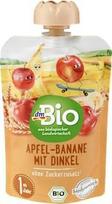 „Apple Banana“ 1 metų amžiaus vaikams, su spelta, 100 g – „DM Germany“ prekės ženklas – Tinka „dmbio“ – „Squeezy“ obuolių ir bananų tyrė su spelta, skirta vaikams nuo 1 metų – 100 g