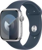 „Apple Watch Series 9“ išmanusis laikrodis su GPS, 45 mm, su sidabriniu aliuminio korpusu ir „Storm Blue“ sportiniu dirželiu, dydis S/M. Fizinio aktyvumo sekiklis, „OPowerstrip“ lygiai, „Retina“ ekranas visada įtrauktas į komplektą