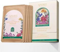 „Apuree“ senėjimo prevencijos rankų kaukės-pirštinės: 10 minučių atkuriamoji priežiūra ir papildomas drėkinimas (5 vnt. po 30 g) | Skirta labai sausoms ir įtrūkusioms rankoms | Prabangus namų SPA ir 7 peptidai bei kolagenas