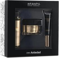 „Atashi“ kasdienio senėjimo prevencijos ritualo rinkinys: atkuriamasis kremas + akių priežiūros priemonė + stebuklingas kūno aliejus su gardene ir juoduoju perlu, skirtas odos tankinimui ir raukšlių išlyginimui, 50 ml + 15 ml + 60 ml